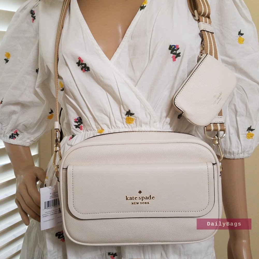BEAUTIFUL PARCHMENT CREAM STRAP KATE SPADE CAMERA CROSSBODY FLAP WITH COIN PURSE